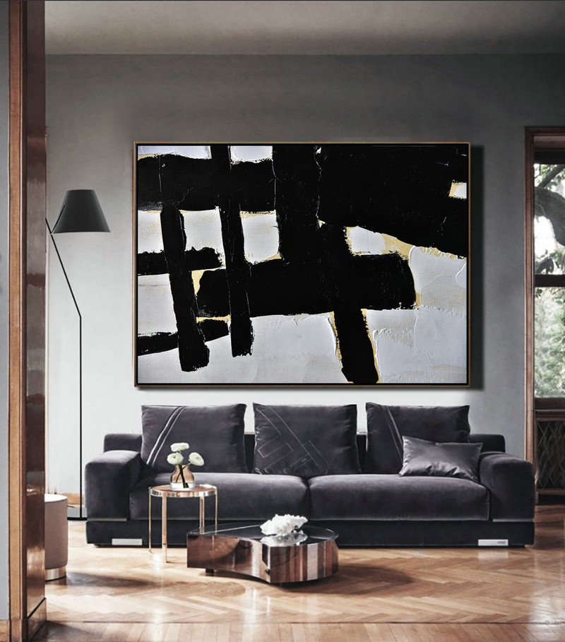 Big Canvas Painting,Horizontal Palette Knife Minimal Canvas Art Painting Black White Beige - Abstract Art Decor Large Canvas Painting